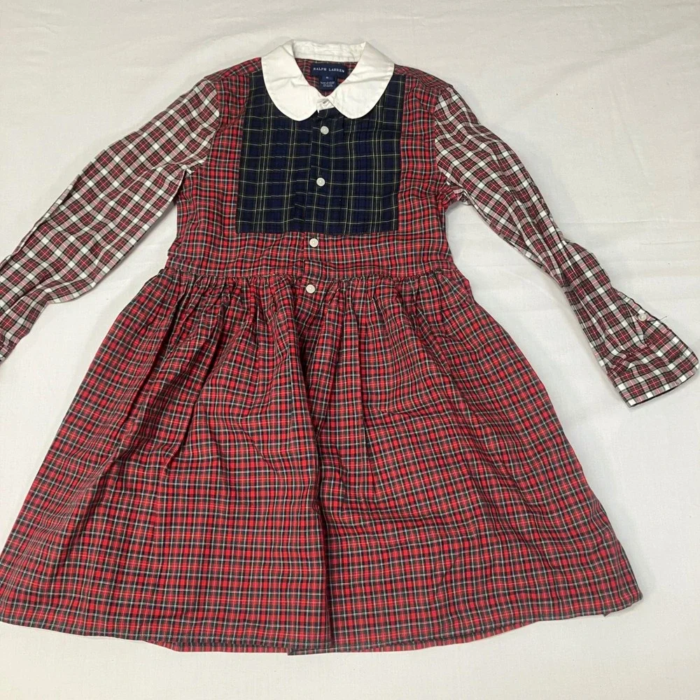 Ralph Lauren Kids Girls 6 Plaid Patchwork Dress Red Navy Peter Pan Collar Cotton